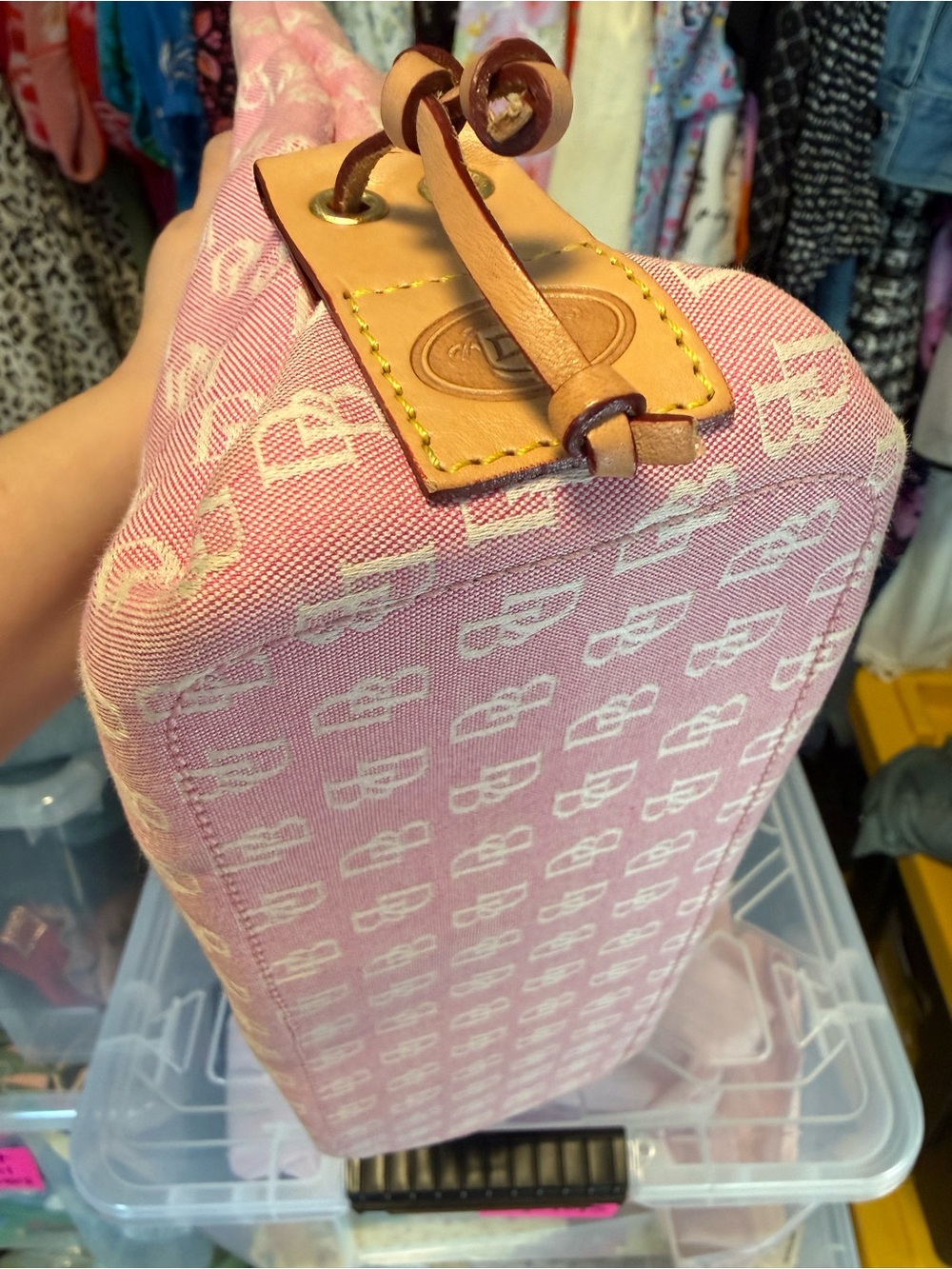 Vintage Dooney & Bourke Pink Monogram Canvas Small Tote Satchel Y2K Heart Charm - Picture 8 of 14